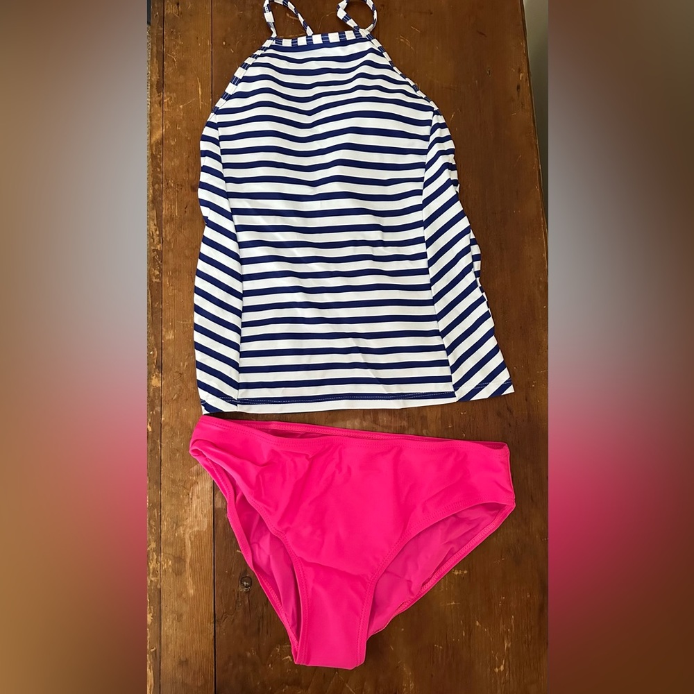 Tankini - women’s bathing suit navy & white stripe top, hot pink bottoms